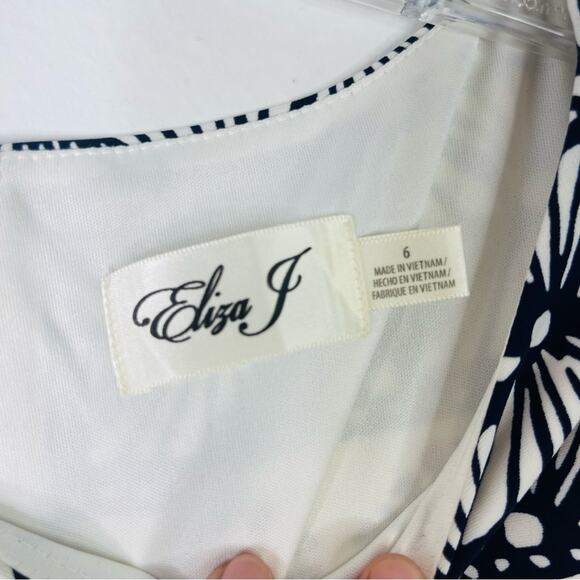Eliza J blue white abstract preppy ruffle coastal office stretchy dress 6 - Picture 6 of 7